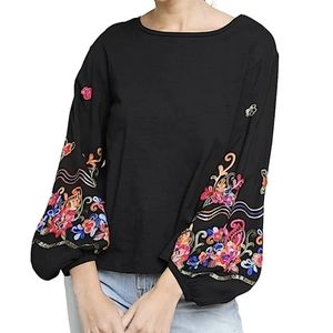 Umgee Embroidered Top, Women's Medium, Black Floral, Balloon Sleeve